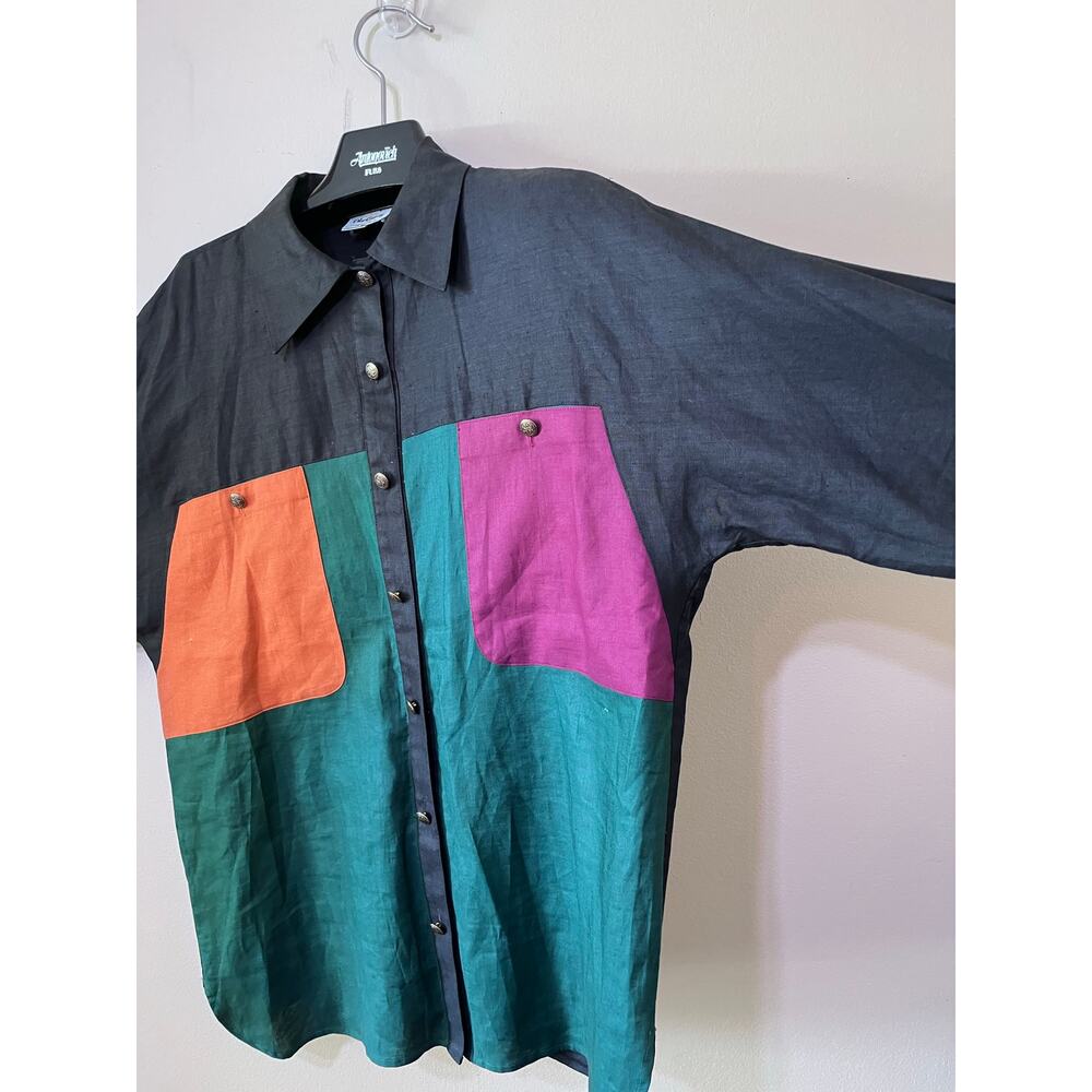 VTG Ole Cassidy Blouse   Black Color-block linen Shirt Sz14 Button Front  NWOT